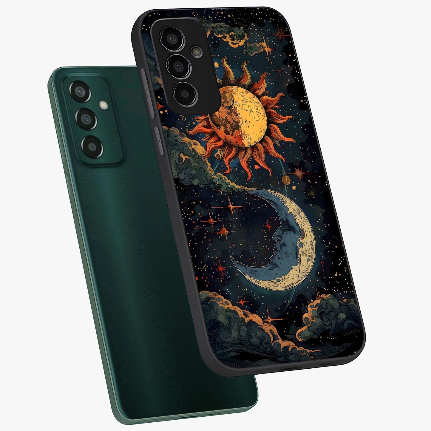 Sun And Moon Magic Design Glass Case displayed in angled mockup highlighting celestial design with magical cosmic aesthetic.
