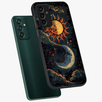 Sun And Moon Magic Design Glass Case displayed in angled mockup highlighting celestial design with magical cosmic aesthetic.
