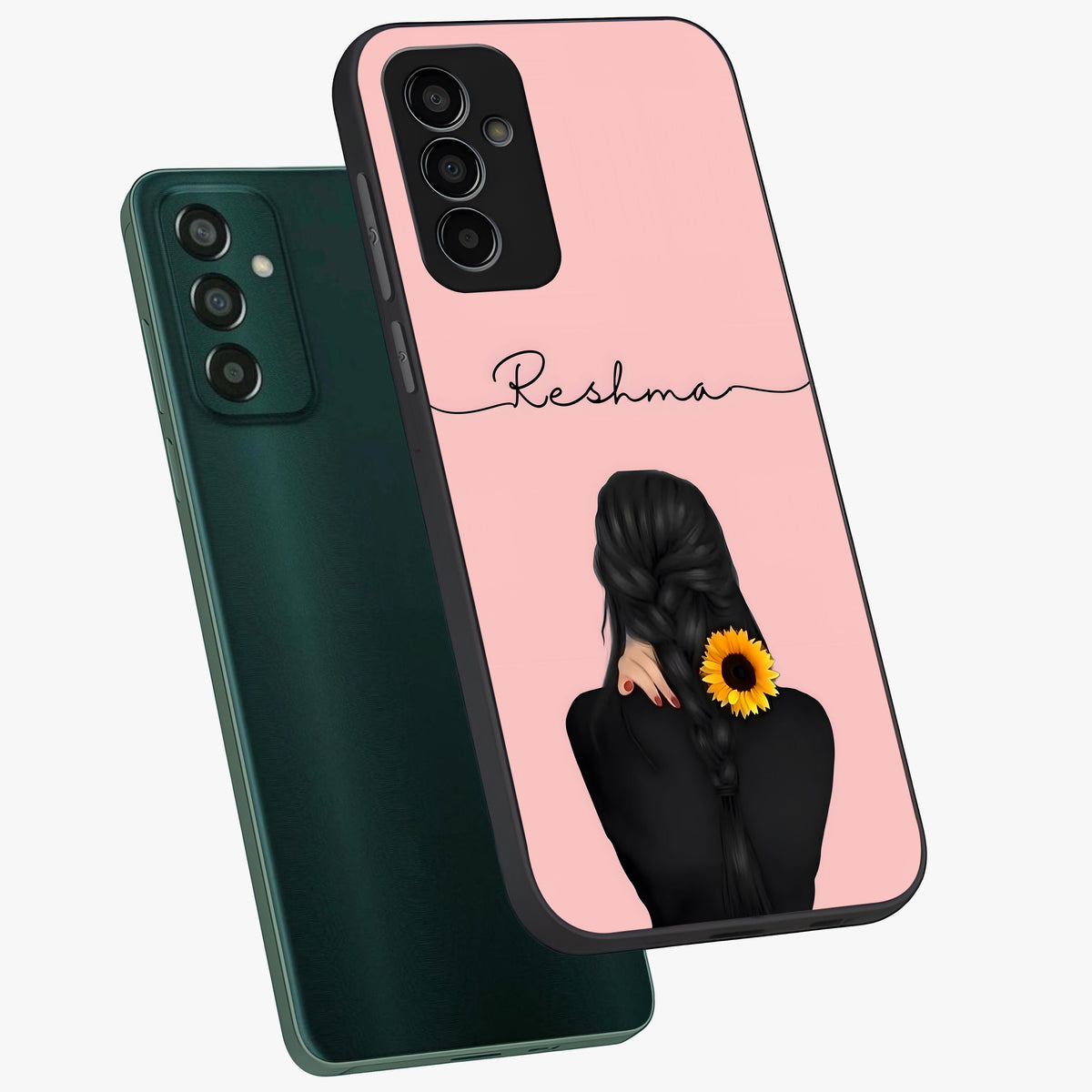 Sunflower Braid Beauty With Custom Name Glass Case displayed in angled mockup highlighting elegant sunflower design with custom name feature.
