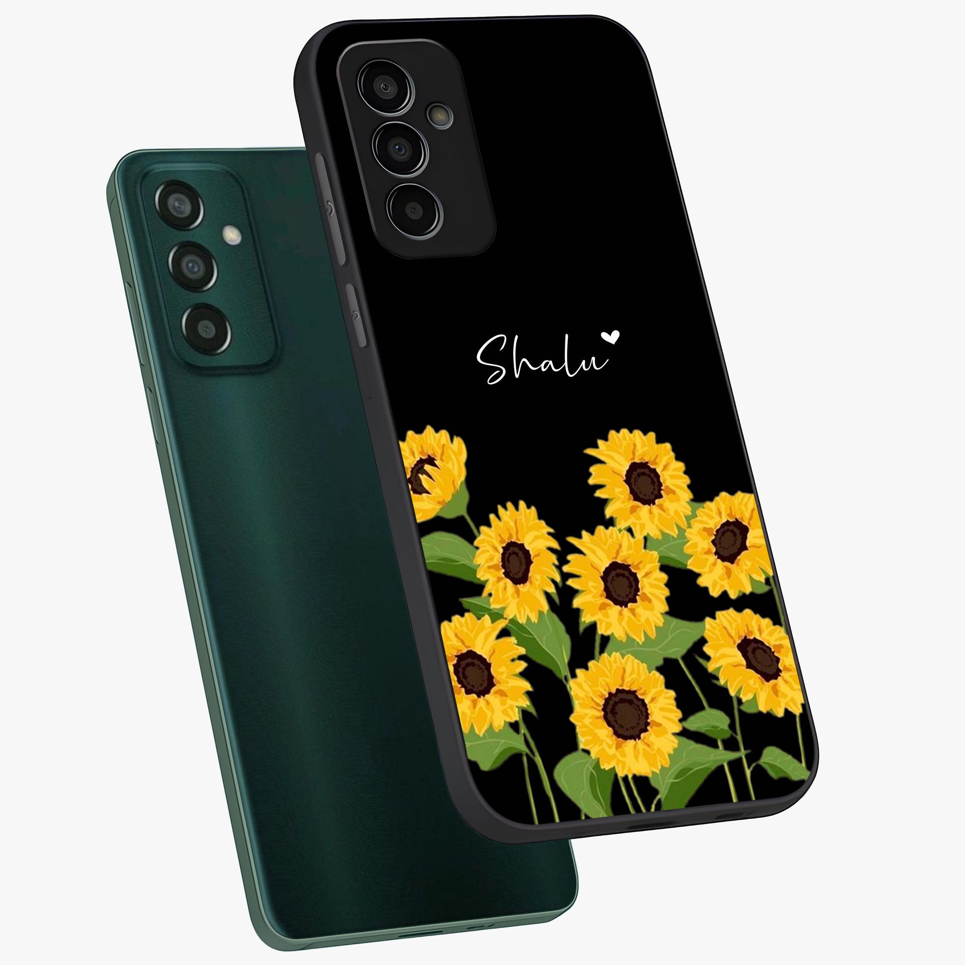 Sunflower Chic Mood Custom Name Glass Case displayed in angled mockup highlighting vibrant sunflower design with custom name feature.