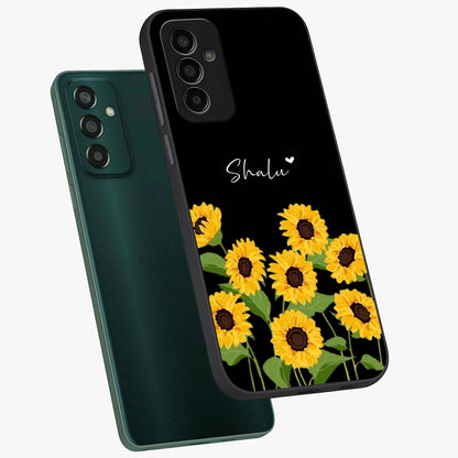 Sunflower Chic Mood Custom Name Glass Case displayed in angled mockup highlighting vibrant sunflower design with custom name feature.