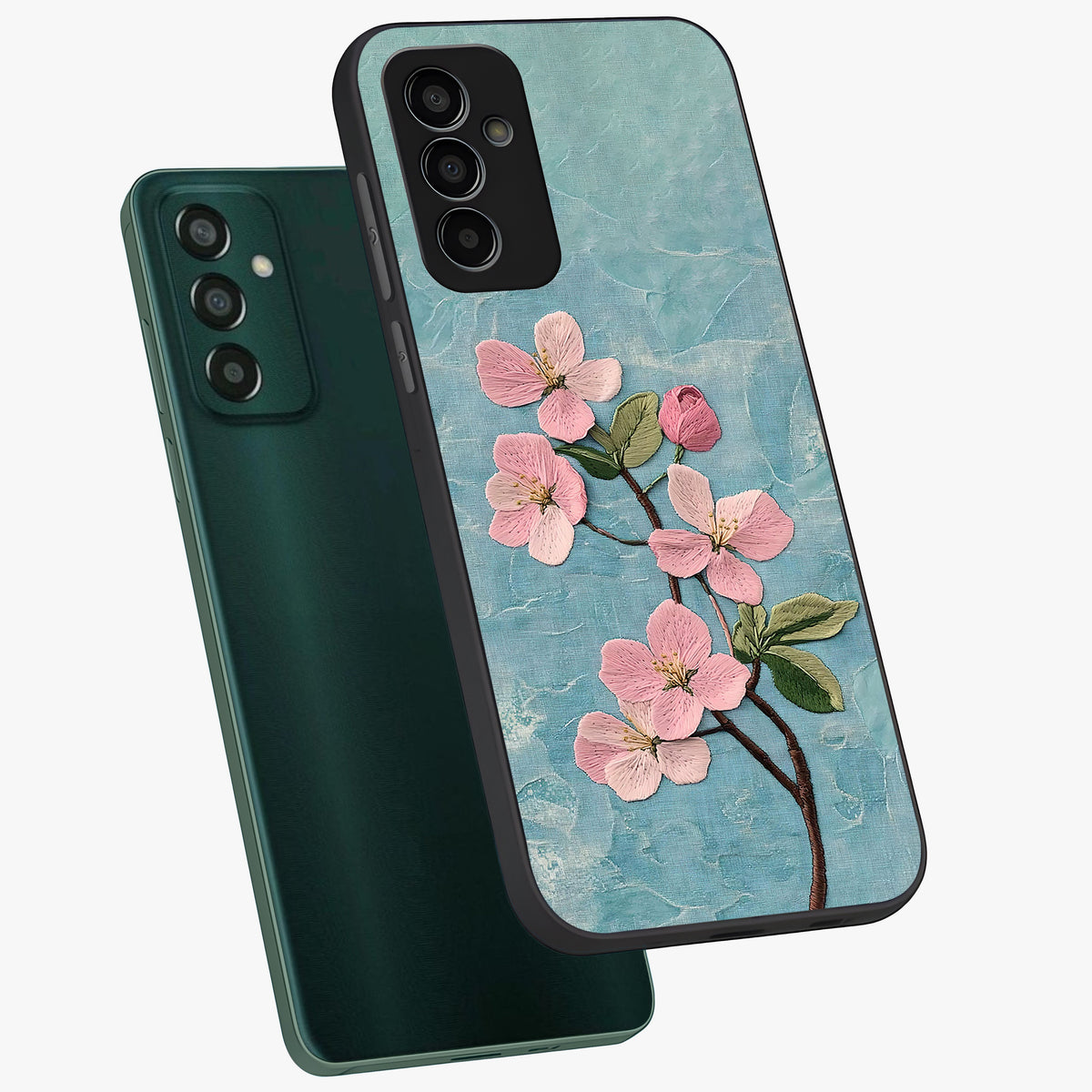 Threaded Blossom Breeze Glass Case displayed in angled mockup highlighting elegant floral design with soft aesthetic style.