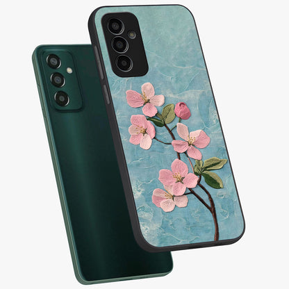 Threaded Blossom Breeze Glass Case displayed in angled mockup highlighting elegant floral design with soft aesthetic style.