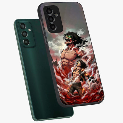 Titan Awakening Fury Glass Case displayed in angled mockup highlighting dramatic giant warrior design with bold anime aesthetic.