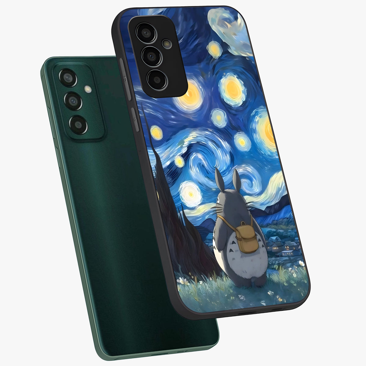 Totoro In Van Gogh Art Glass Case displayed in angled mockup highlighting artistic swirling sky design with playful animation aesthetic.
