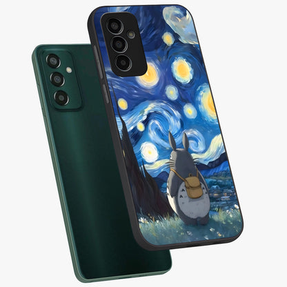 Totoro In Van Gogh Art Glass Case displayed in angled mockup highlighting artistic swirling sky design with playful animation aesthetic.