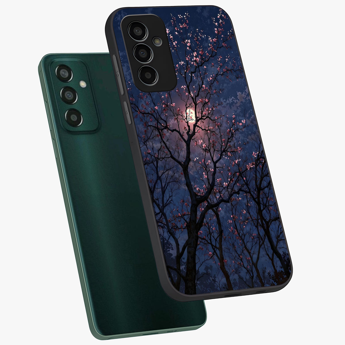 Twilight Sakura Serenade Glass Case displayed in angled mockup highlighting delicate sakura flower design with dreamy aesthetic.