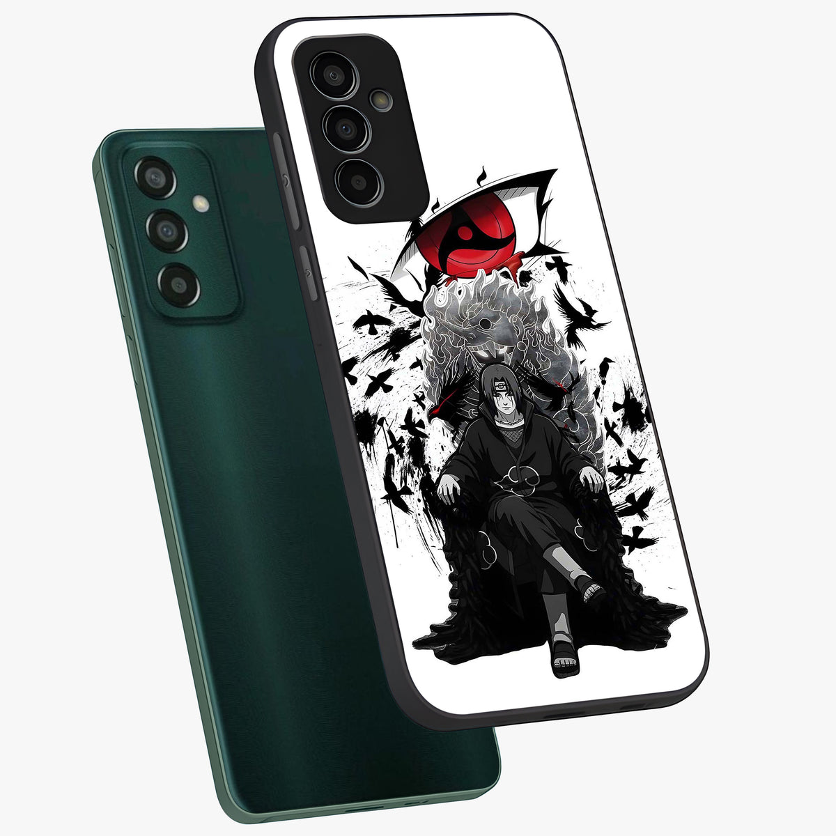 Uchiha Shadow Throne Glass Case displayed in angled mockup highlighting glowing aquatic design with celestial aesthetic.