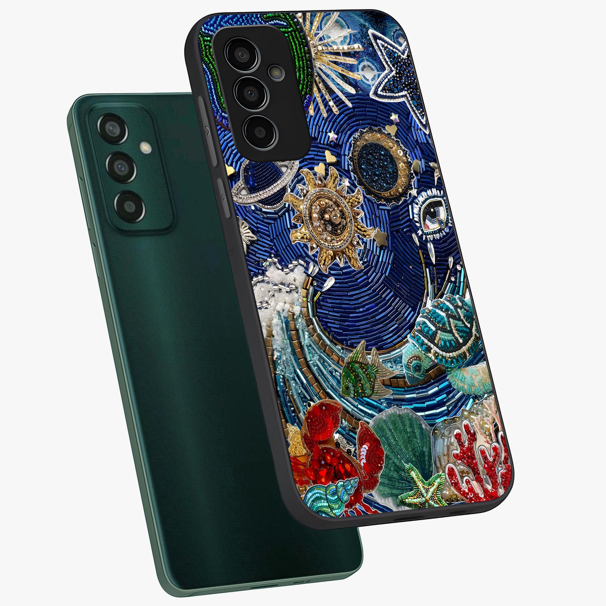 Universe Underwater Spark Glass Case displayed in angled mockup highlighting glowing aquatic design with celestial aesthetic.