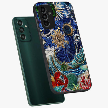 Universe Underwater Spark Glass Case displayed in angled mockup highlighting glowing aquatic design with celestial aesthetic.