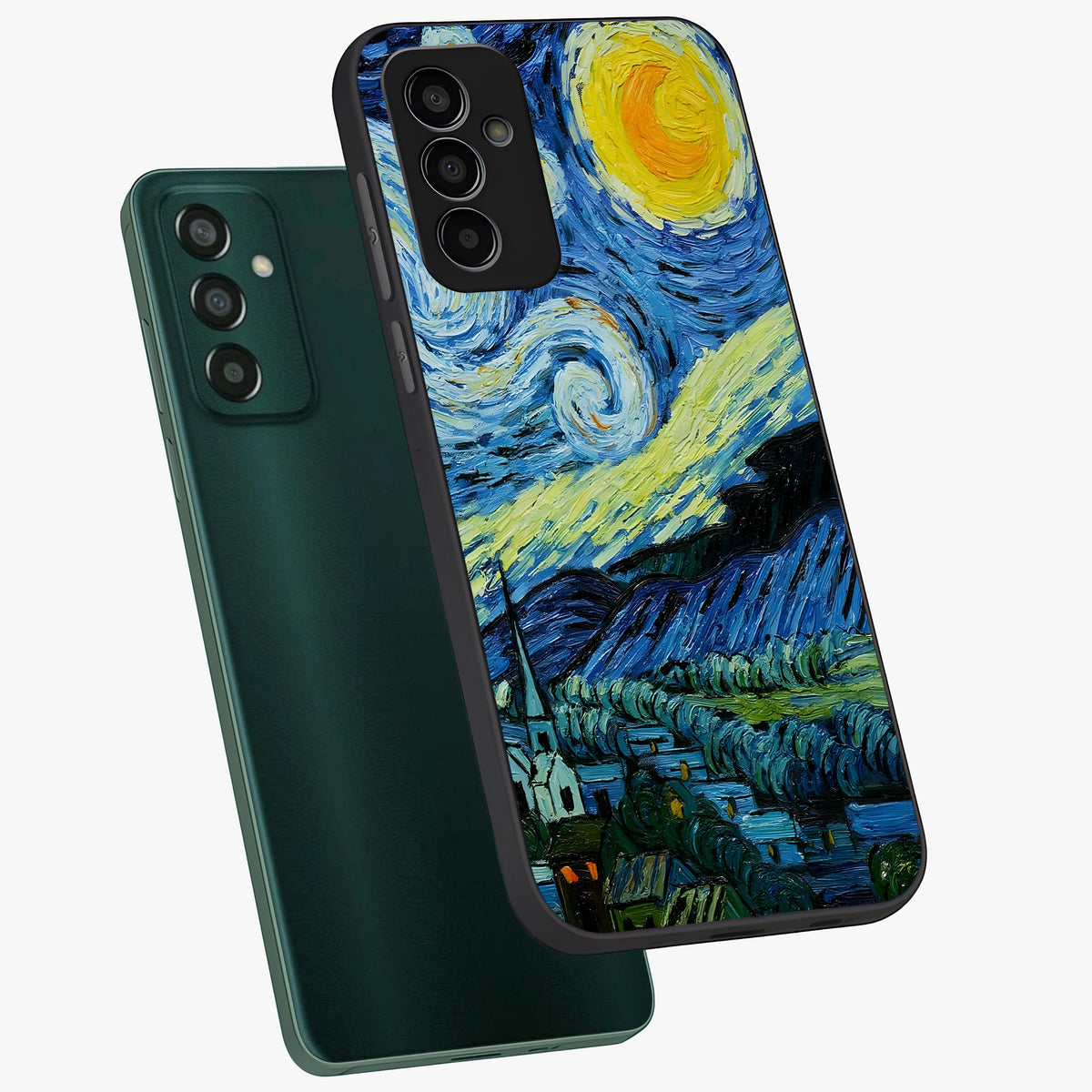 Van Gogh Art Glass Case displayed in angled mockup highlighting swirling brushstroke design with artistic aesthetic.