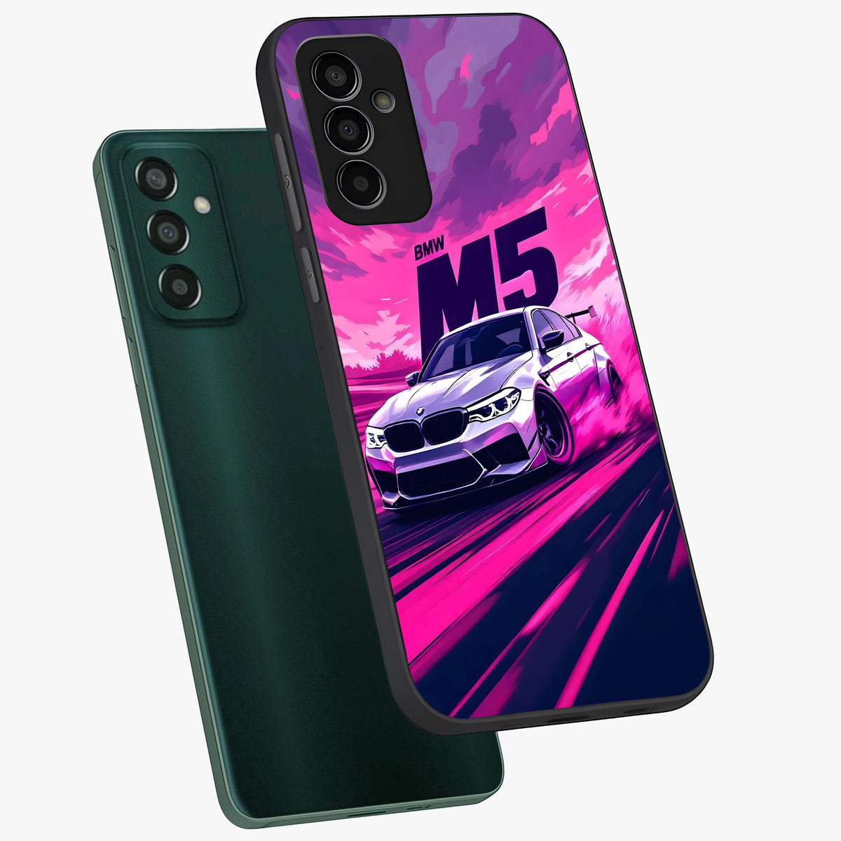 Velocity Drift Pulse Glass Case displayed in angled mockup highlighting dynamic drift design with sporty automotive aesthetic.