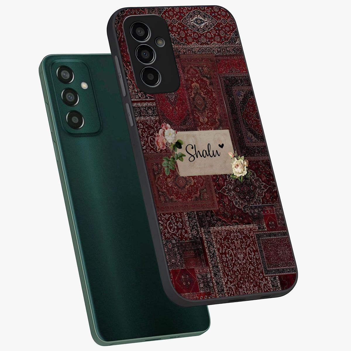 Velvet Wine Pattern Custom Name Glass Case displayed in angled mockup highlighting decorative velvet inspired design with custom name feature.