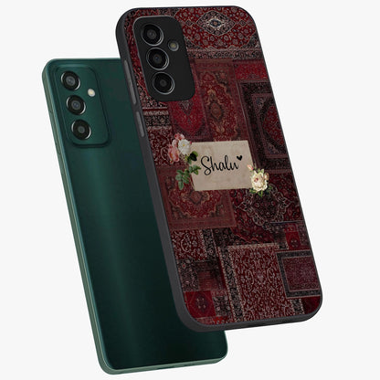 Velvet Wine Pattern Custom Name Glass Case displayed in angled mockup highlighting decorative velvet inspired design with custom name feature.