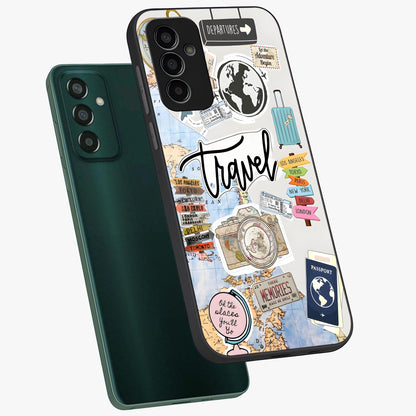 Wanderlust Journal Glass Case displayed in angled mockup highlighting adventure themed design with aesthetic travel vibe.