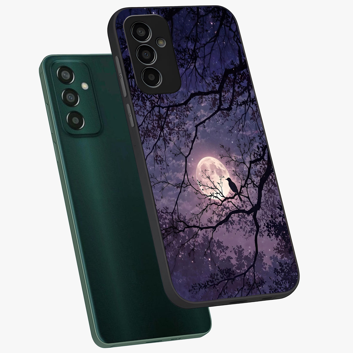 Whispering Moon Silence Glass Case displayed in angled mockup highlighting calm lunar design with dreamy night aesthetic.
