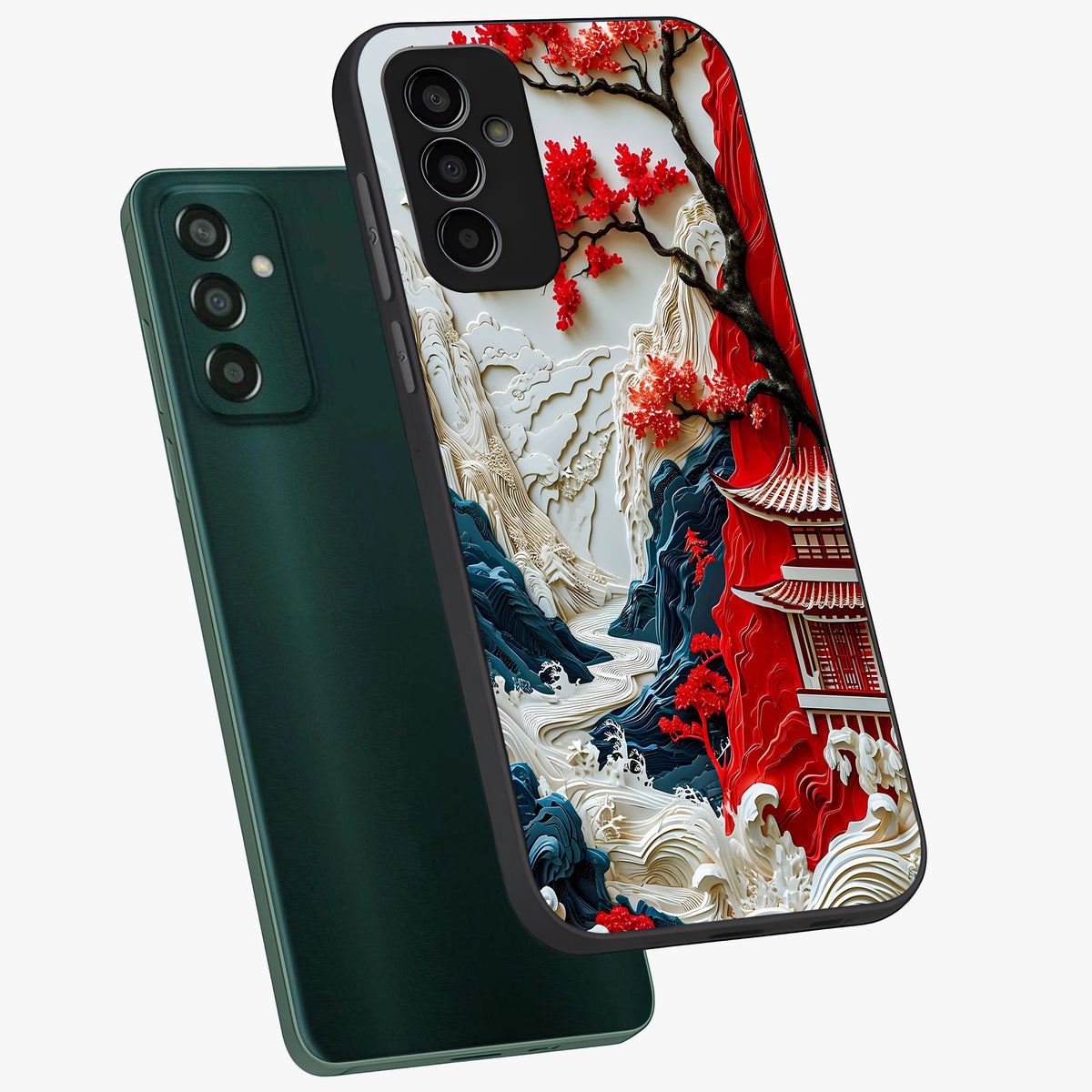 Whispers Of Sakura Waves Glass Case displayed in angled mockup highlighting flowing sakura design with soft floral aesthetic.