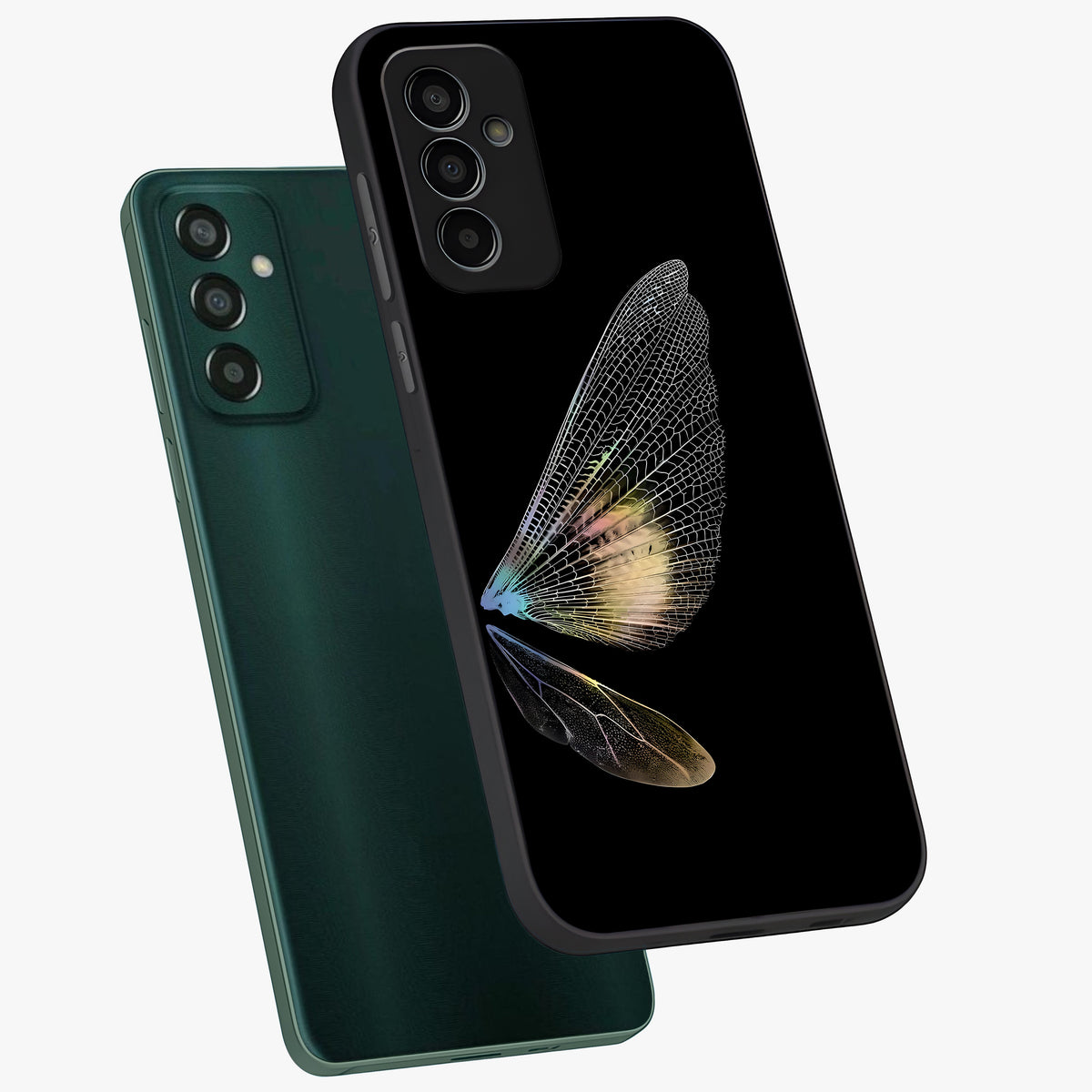Whispers Of Wings Glass Case displayed in angled mockup highlighting soft feather design with celestial aesthetic style.