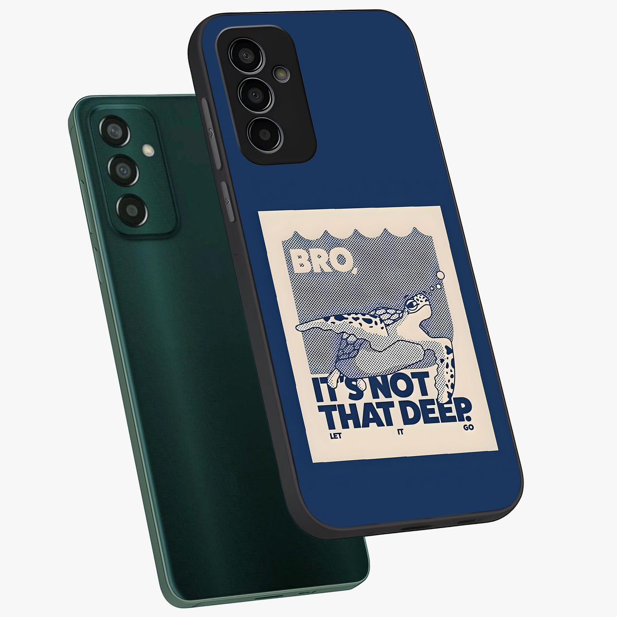 Worry Less Swim Glass Case displayed in angled mockup highlighting fun typography design with relaxed aesthetic style.