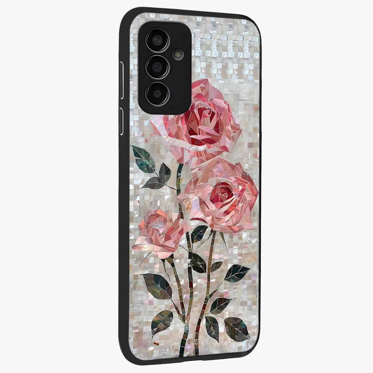 Blush Mosaic Bloom Glass Case upright view showcasing decorative floral mosaic artwork with stylish modern aesthetic.