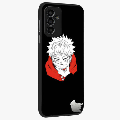 Crimson Chaos Smile Glass Case upright view showcasing expressive chaotic artwork with striking visual theme.