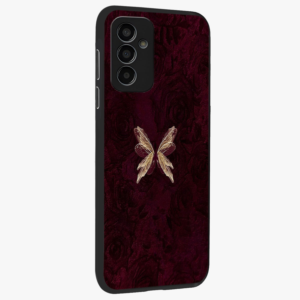 Crimson Fade Butterfly Glass Case upright view showcasing graceful butterfly artwork with soft crimson fade effect.