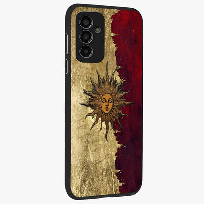 Crimson Sun Majesty Glass Case upright view showcasing vibrant sun artwork with powerful celestial theme.