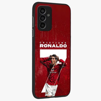 Goal Celebration Legacy Glass Case upright view showcasing dynamic football inspired artwork with victory celebration aesthetic.