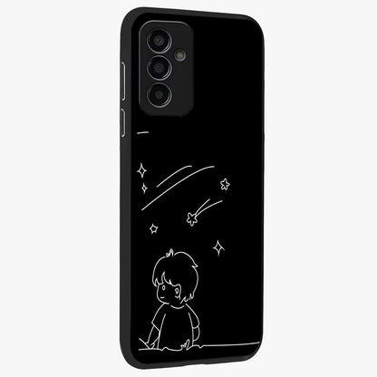 Line Art Boy With Shooting Stars Glass Case upright view showcasing artistic shooting star illustration with minimal style.
