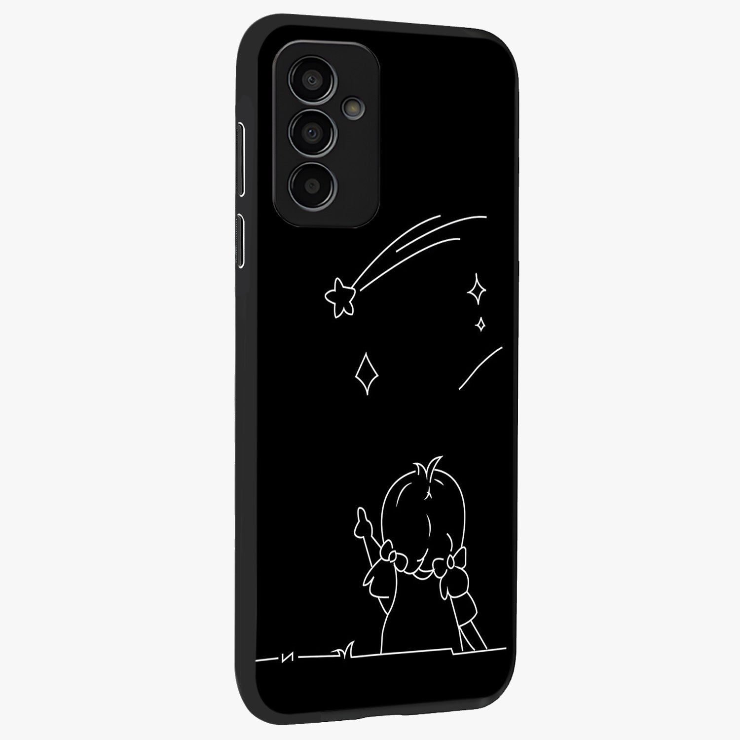 Line Art Girl With Shooting Stars Glass Case upright view showcasing delicate shooting stars artwork with minimal artistic theme.