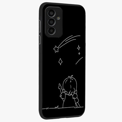 Line Art Girl With Shooting Stars Glass Case upright view showcasing delicate shooting stars artwork with minimal artistic theme.