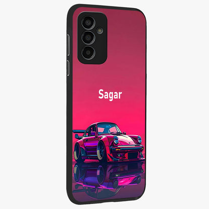 Neon Pink Porsche Glass Case upright view showcasing vibrant sports car artwork with bold automotive theme.