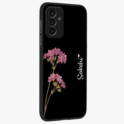 Riching Lavender Flower Custom Name Glass Case upright view showcasing elegant lavender floral artwork with personalized aesthetic.