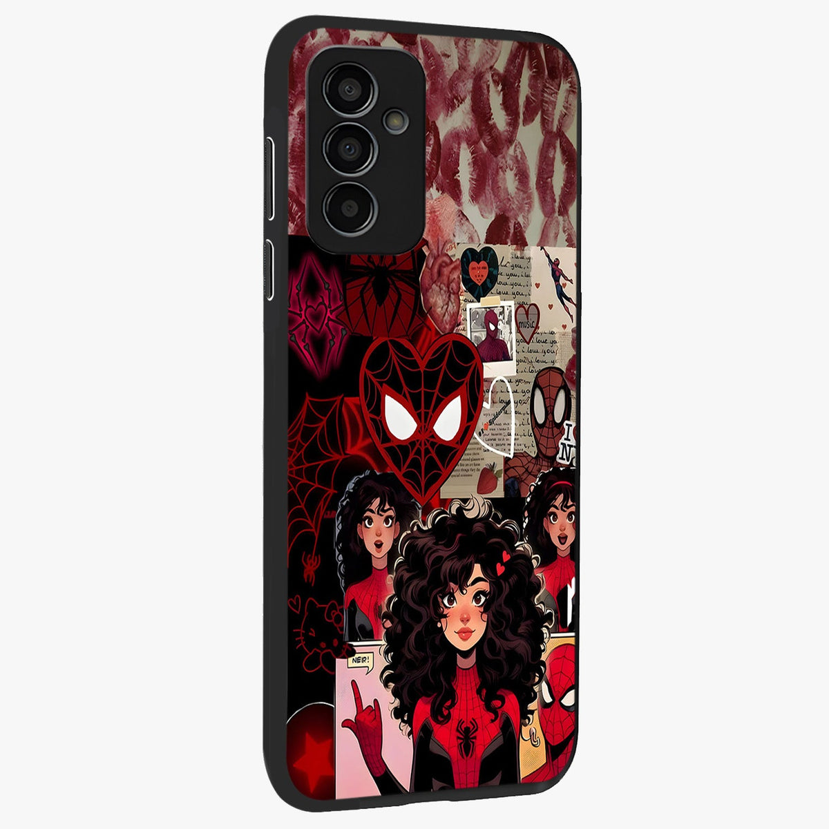 Spider Love Story Glass Case upright view showcasing charming superhero artwork with romantic comic theme.