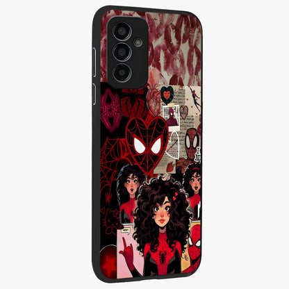 Spider Love Story Glass Case upright view showcasing charming superhero artwork with romantic comic theme.