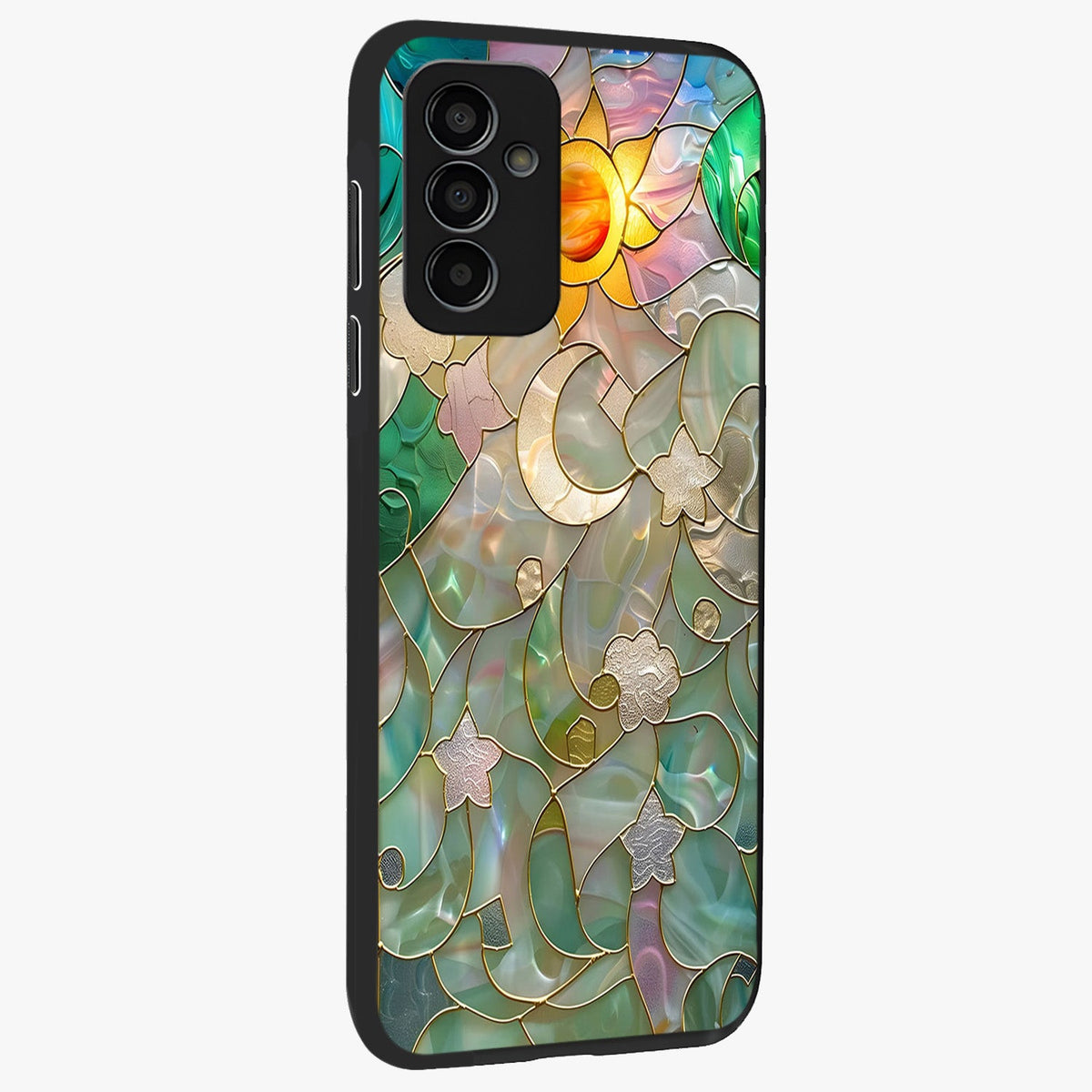 Stained Sunrise Glow Glass Case upright view showcasing colorful sunrise artwork with warm morning theme.