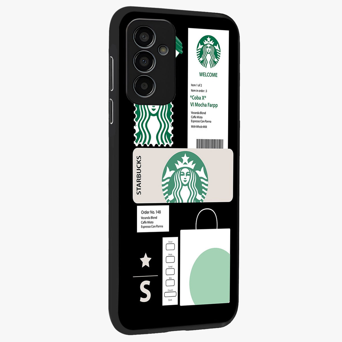 Starbucks Mocha Glass Case upright view showcasing trendy coffee inspired artwork with modern lifestyle theme.