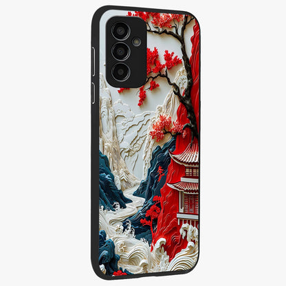 Whispers Of Sakura Waves Glass Case upright view showcasing delicate cherry blossom artwork with elegant nature theme.