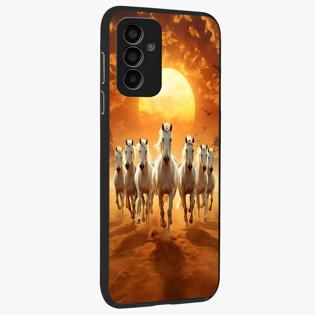 Wild Sunset Majesty Glass Case upright view showcasing dramatic sunset artwork with bold nature theme.