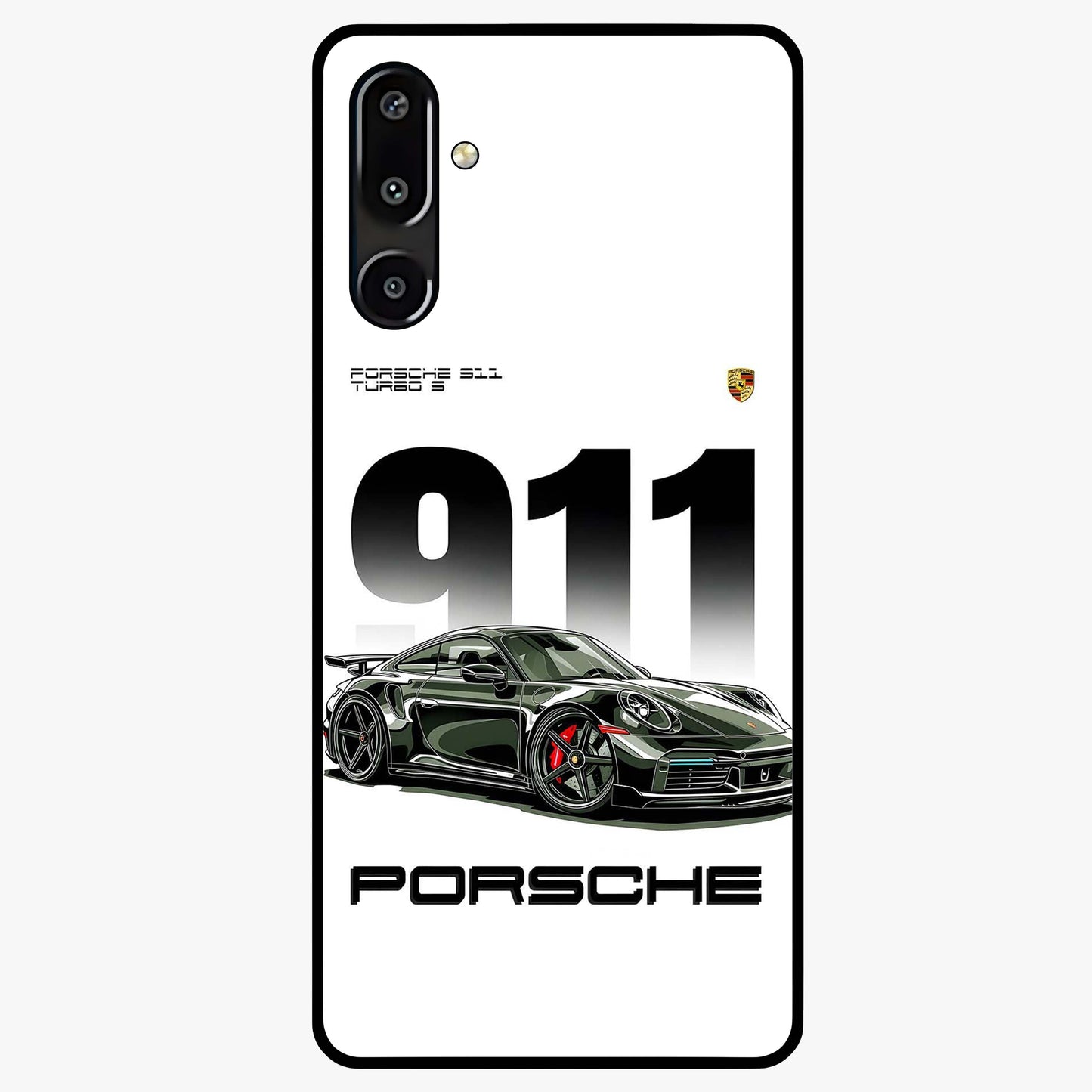 911 Turbo Dominance Glass Case showing clean flat back view with bold 911 sports car artwork and glossy glass finish.