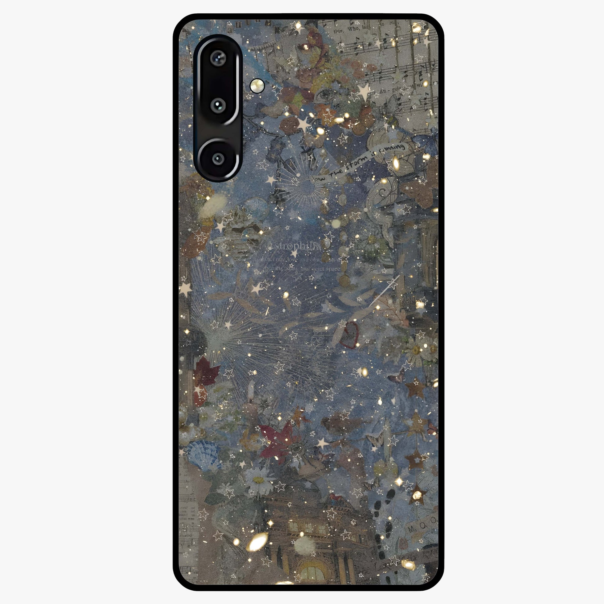Aesthetic Astrolophia Glass Case showing flat back view with dreamy aesthetic design and glossy glass finish.
