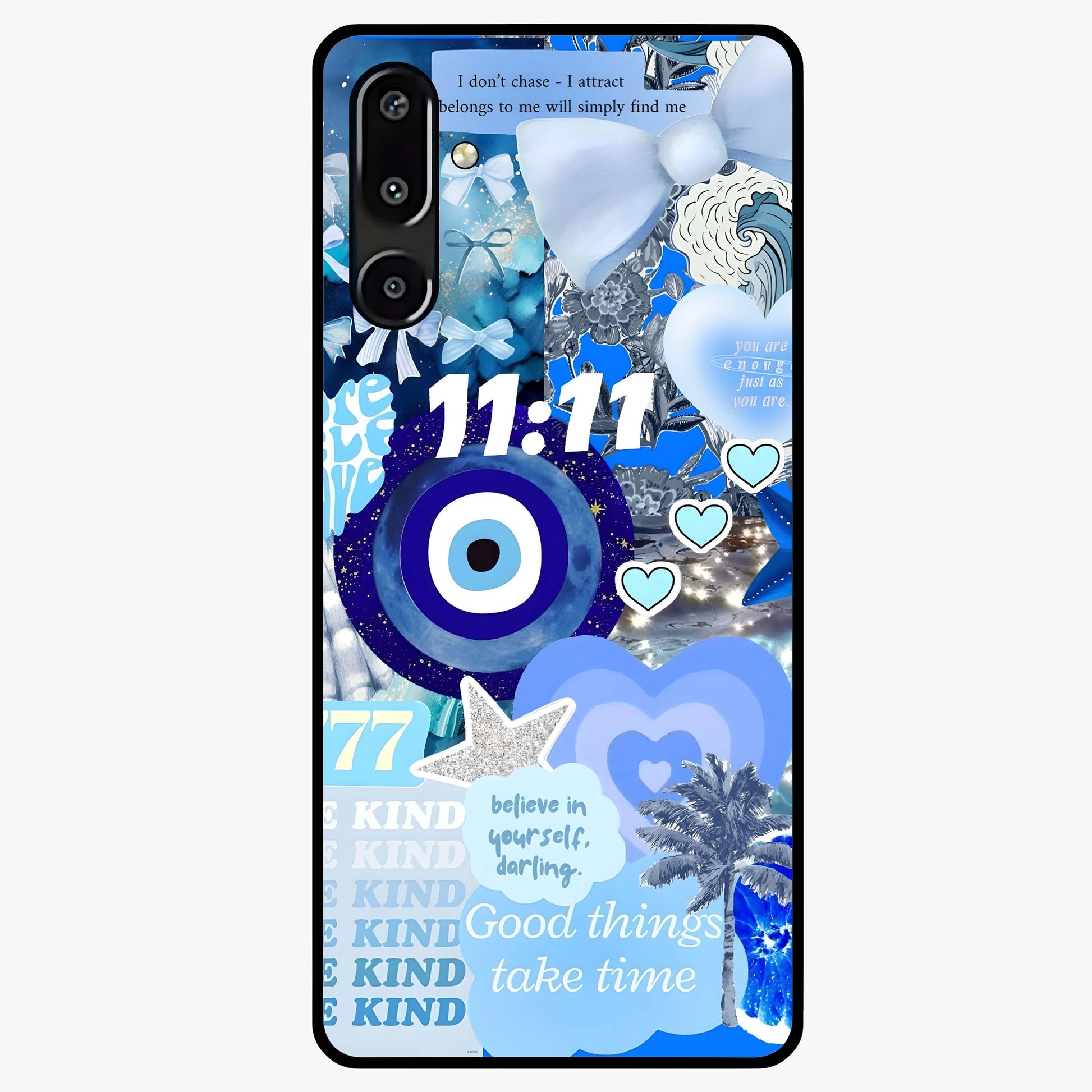 Aesthetic Be Kind Eye Glass Case showing flat back view with motivational eye artwork and glossy glass finish.