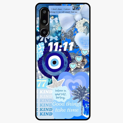 Aesthetic Be Kind Eye Glass Case showing flat back view with motivational eye artwork and glossy glass finish.