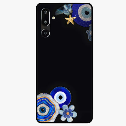 Aesthetic Blue Evil Eye Glass Case showing flat back view with protective evil eye artwork and glossy glass finish.