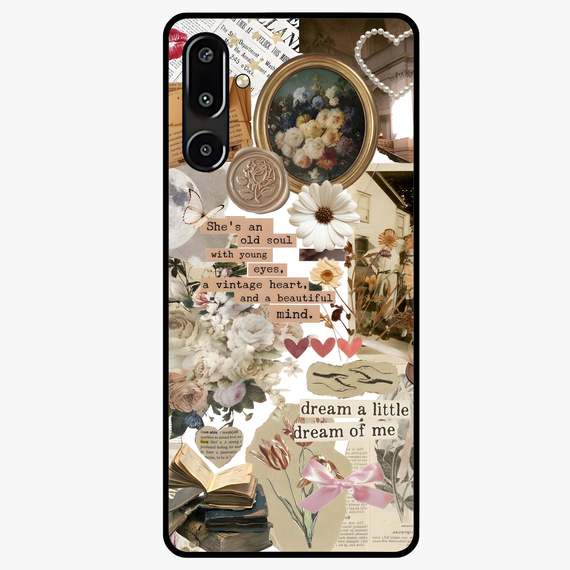Aesthetic Brown Vintage Collage Glass Case showing flat back view with retro collage artwork and glossy glass finish.