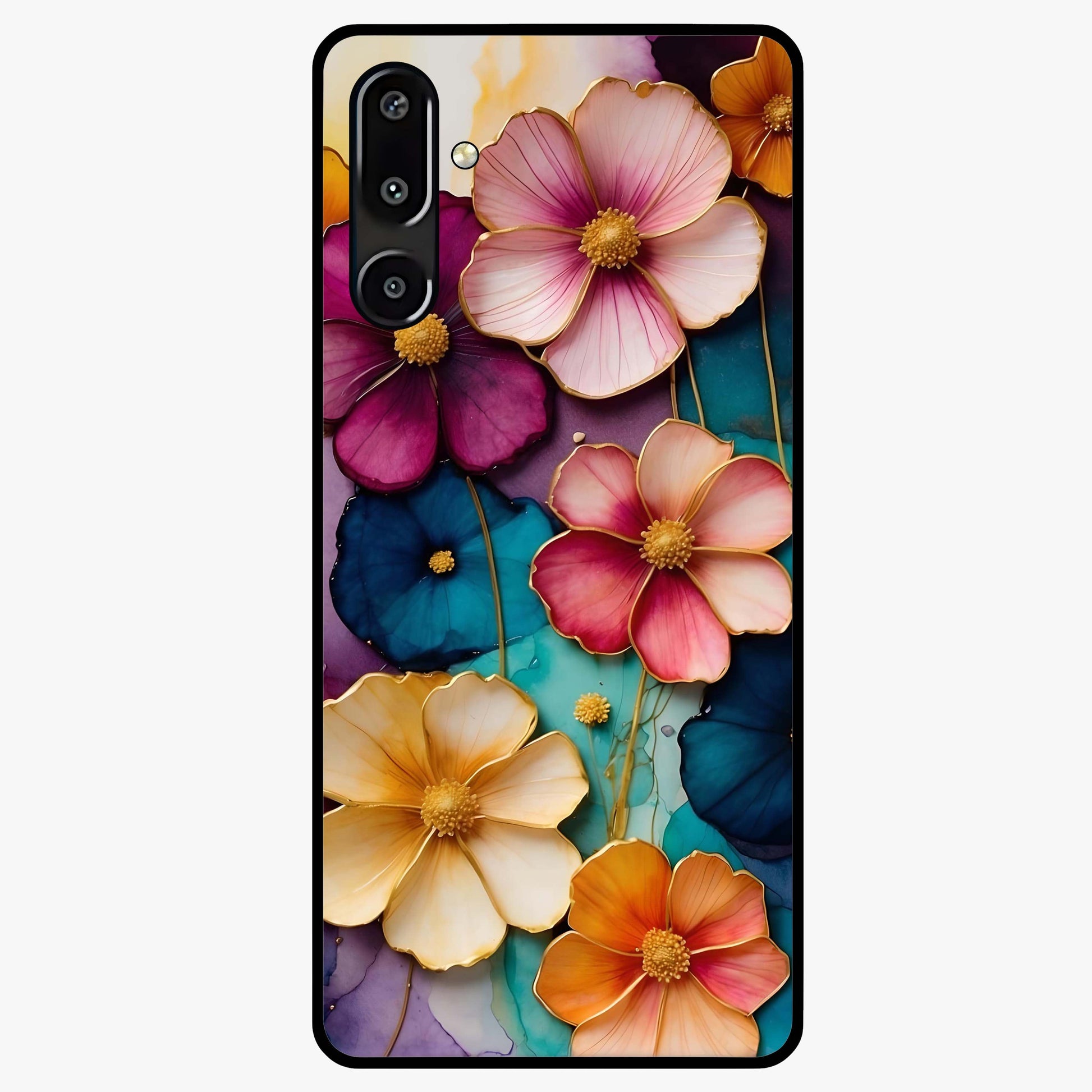 Artlyn Grace Flower Pattern Glass Case showing flat back view with elegant floral pattern artwork and glossy glass finish.