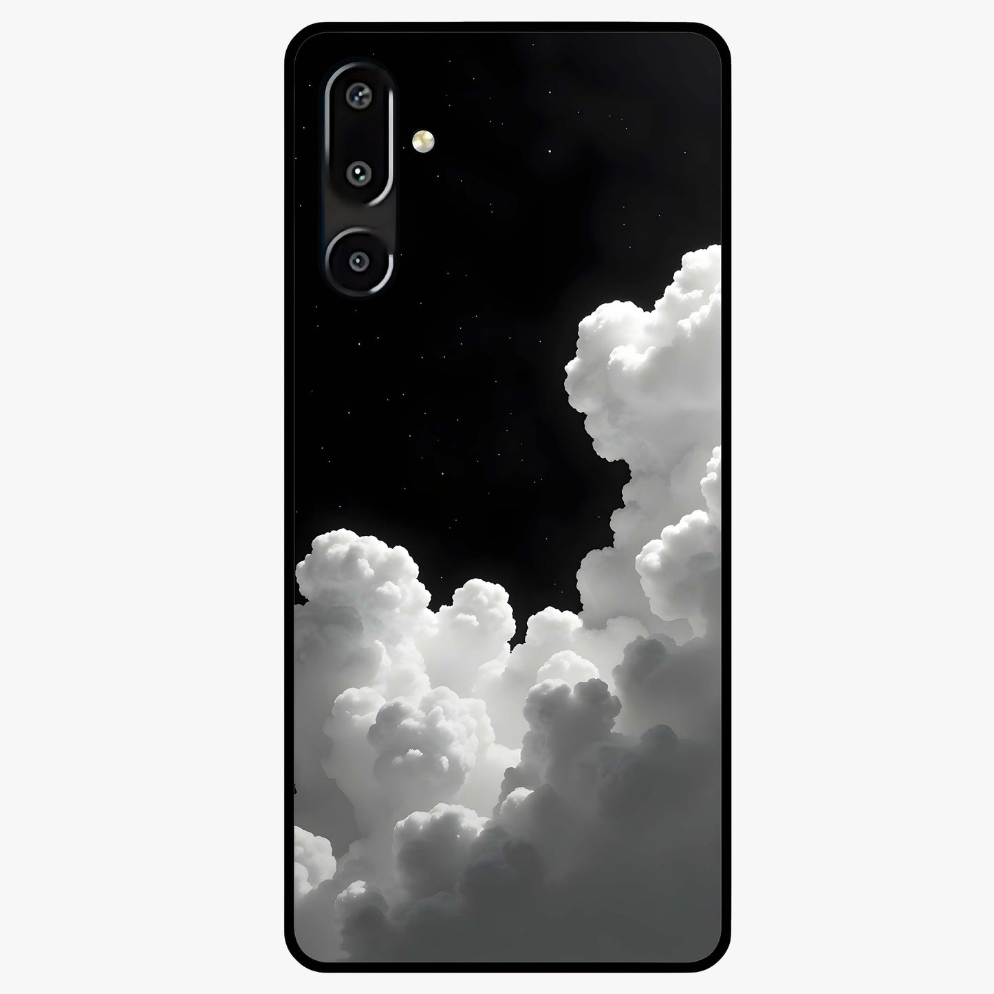 Black Background With White Cloud Glass Case showing flat back view with minimal cloud artwork on dark background and glossy glass finish.