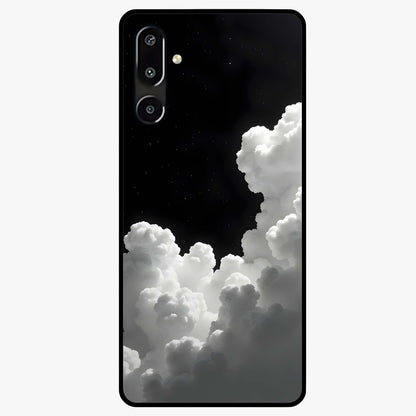 Black Background With White Cloud Glass Case showing flat back view with minimal cloud artwork on dark background and glossy glass finish.