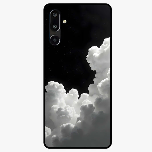 Black Background With White Cloud Glass Case showing flat back view with minimal cloud artwork on dark background and glossy glass finish.