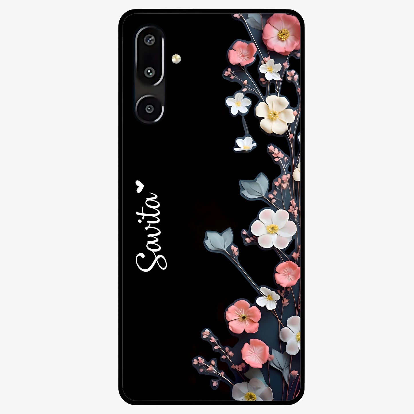 Black Elegance Floral Custom Name Glass Case showing flat back view with elegant floral artwork and personalized name design.